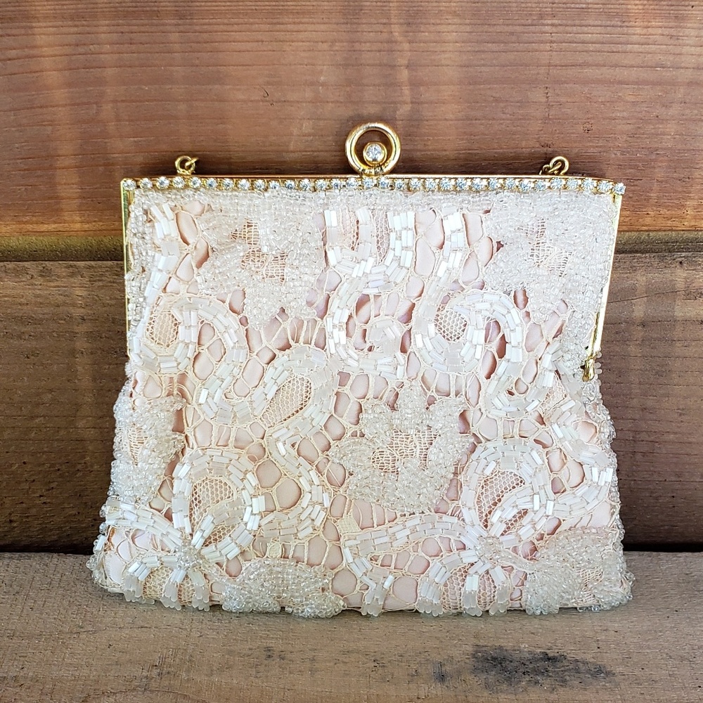 Victorian/ vintage pink purse with lace & rhinesto
